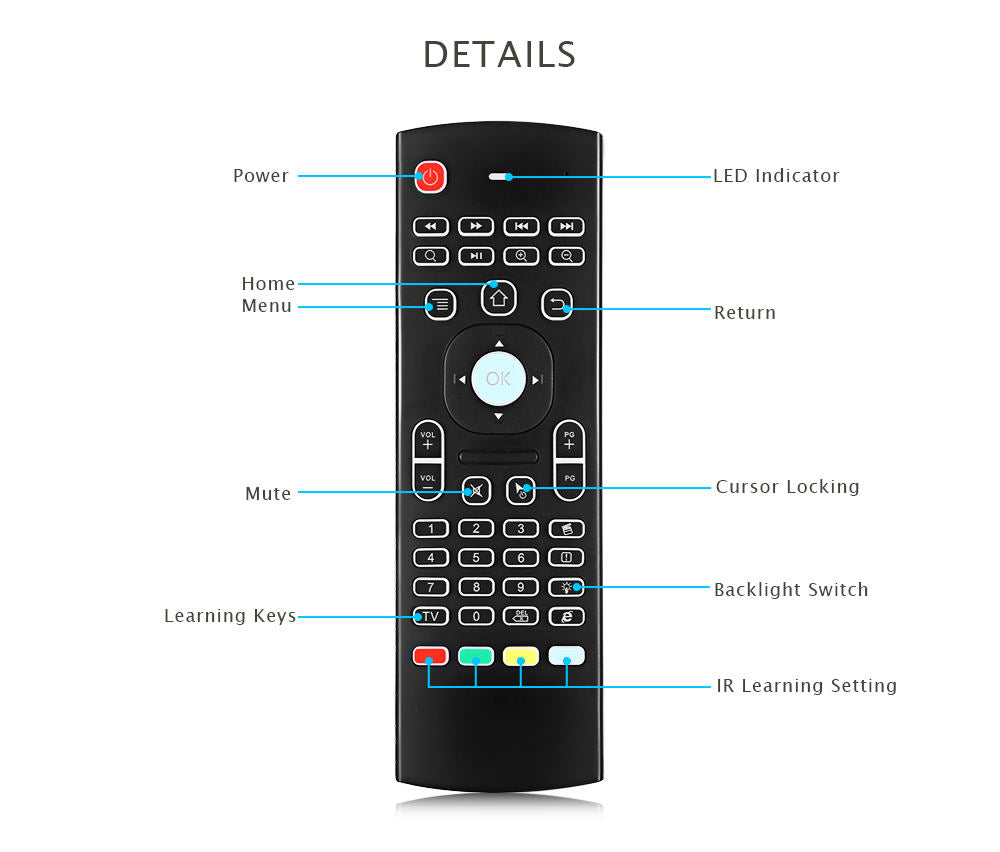 Backlit Air Mouse 2.4G Wireless Keyboard Remote Control para Android TV Box, Smart TV, PC y Proyector